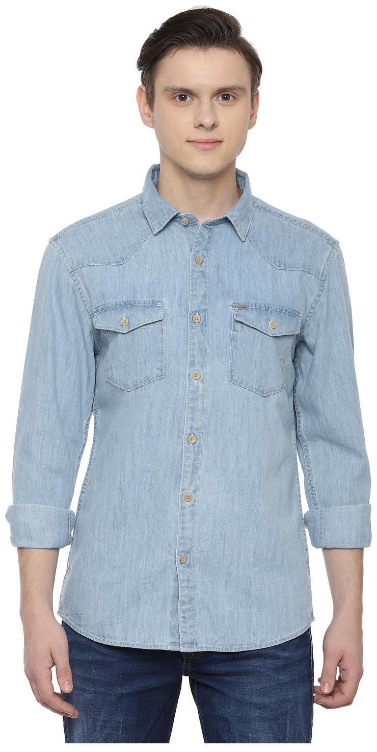

People Men Blue Textured Regular Fit Casual Shirt