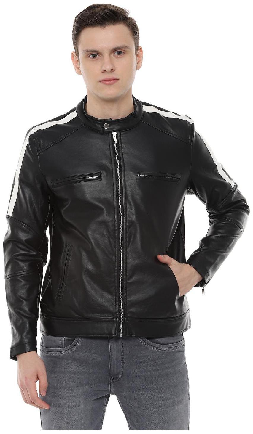 

People Men Black Solid Biker jacket