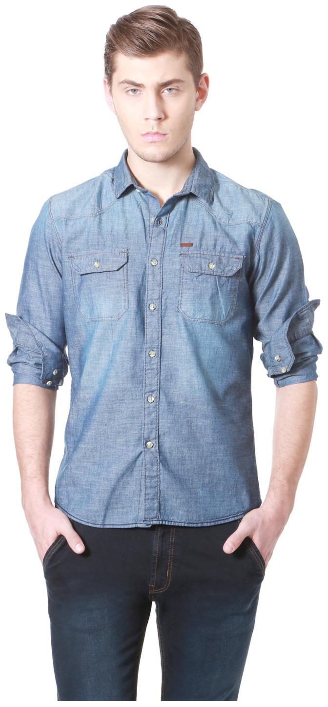 

People Men Blue Weaved Slim Fit Casual Shirt