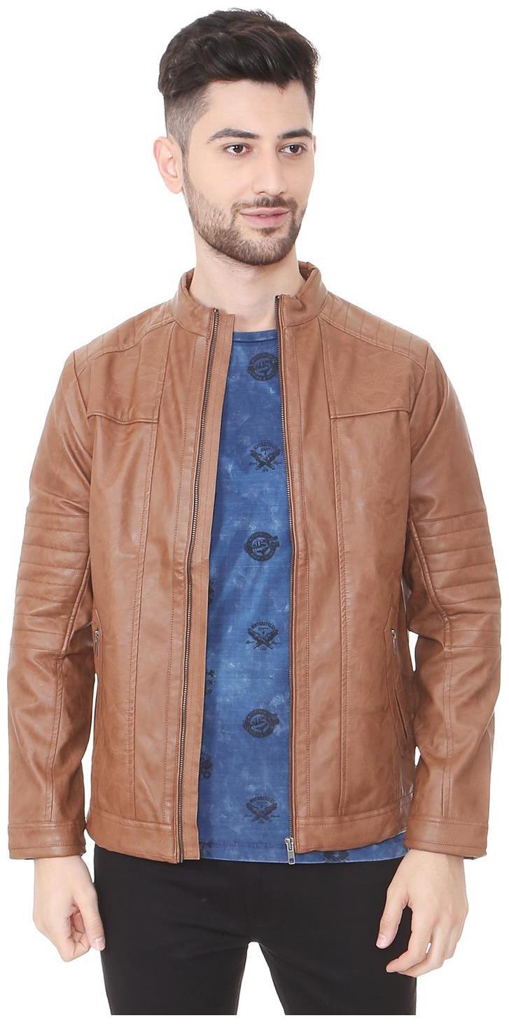 

People Men Brown Solid Leather jacket