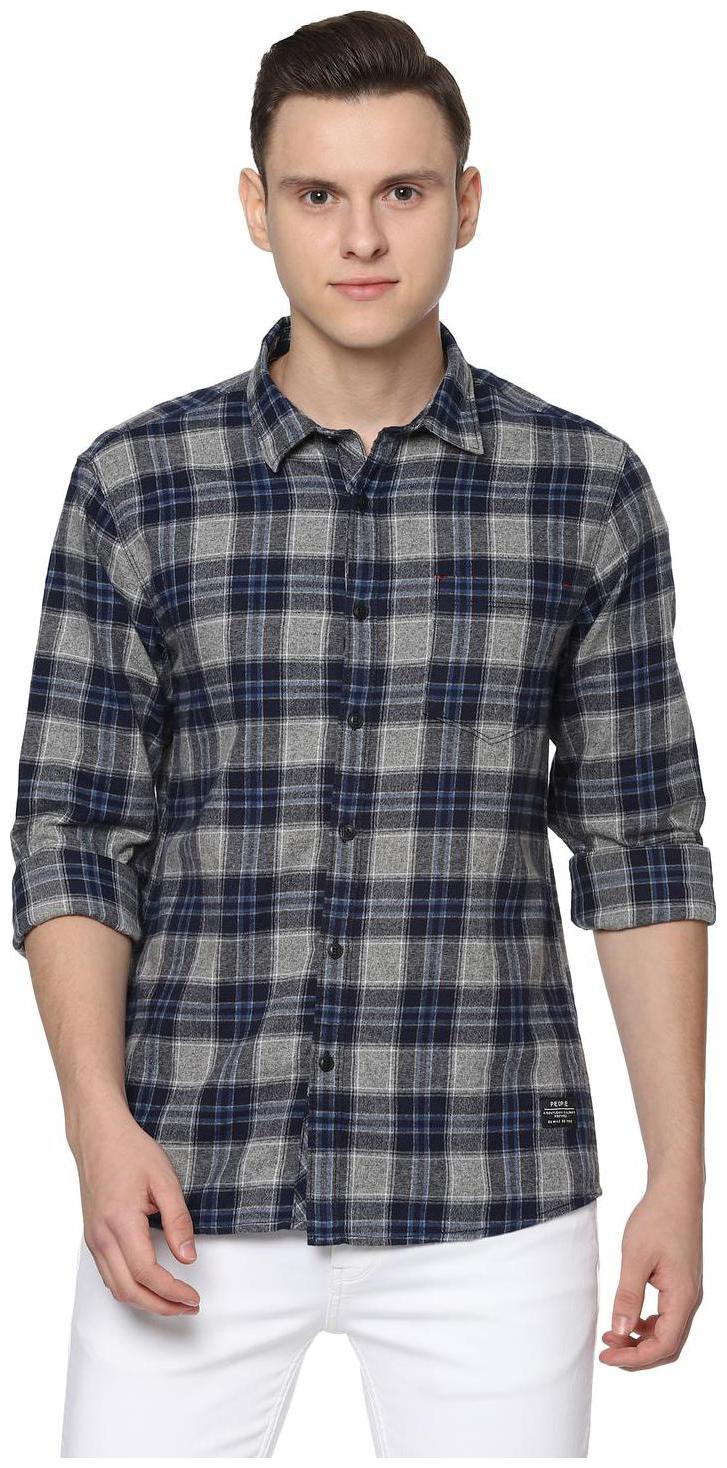 

People Men Grey Checked Regular Fit Casual Shirt