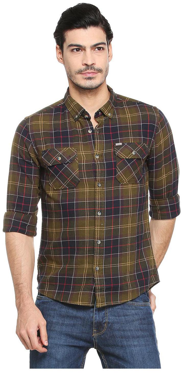 

People Men Green Checked Regular Fit Casual Shirt