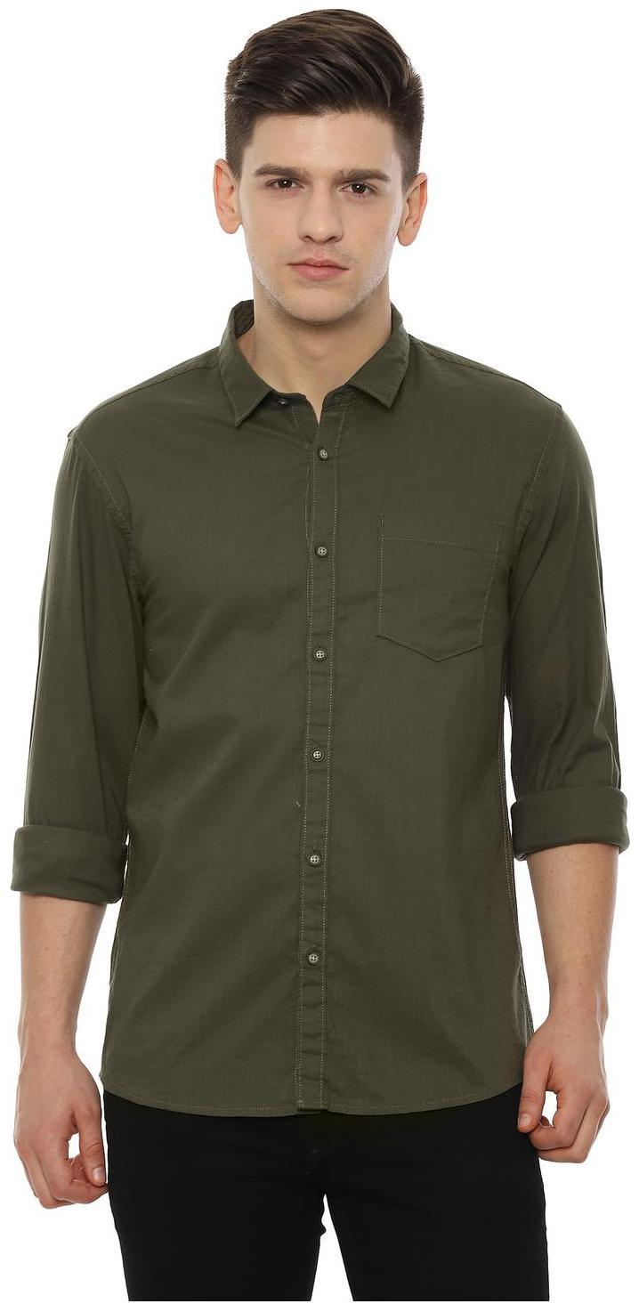 

People Men Green Weaved Regular Fit Casual Shirt