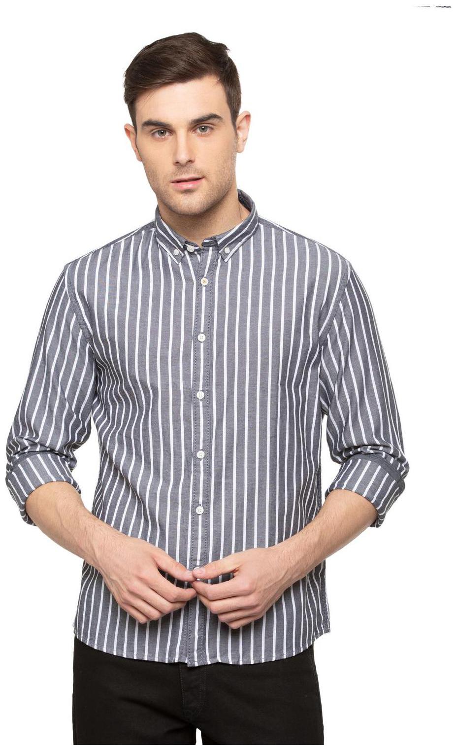 

People Men Grey Vertical Stripes Regular Fit Casual Shirt