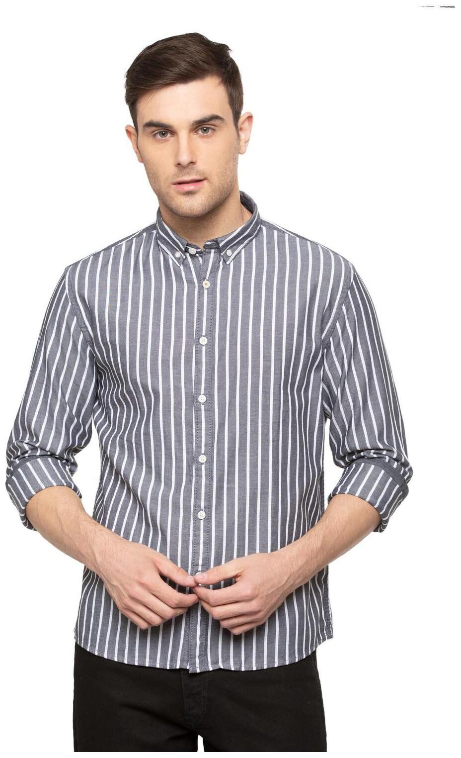 

People Men Grey Vertical Stripes Regular Fit Casual Shirt