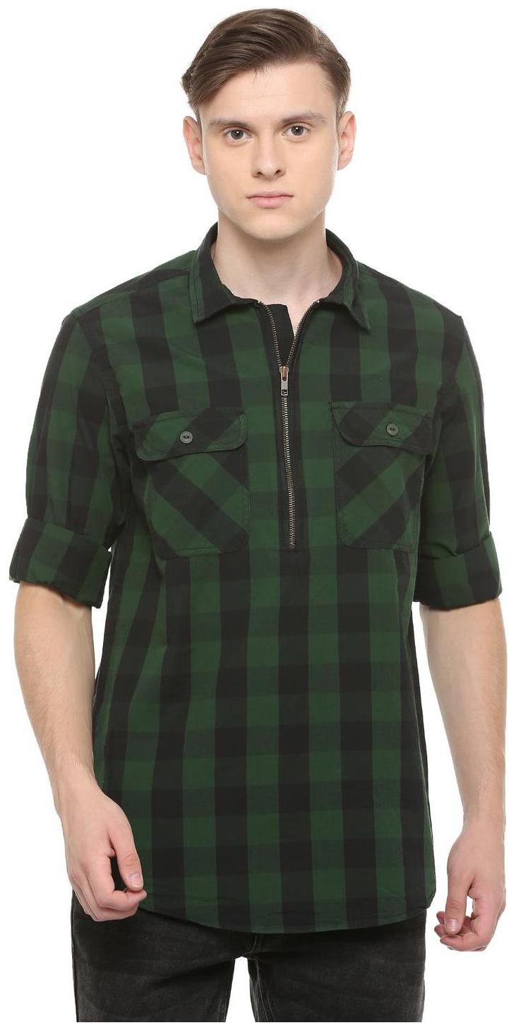 

People Men Green Black Checked Regular Fit Casual Shirt