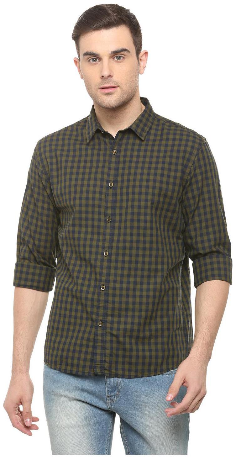 

People Men Green Checked Regular Fit Casual Shirt