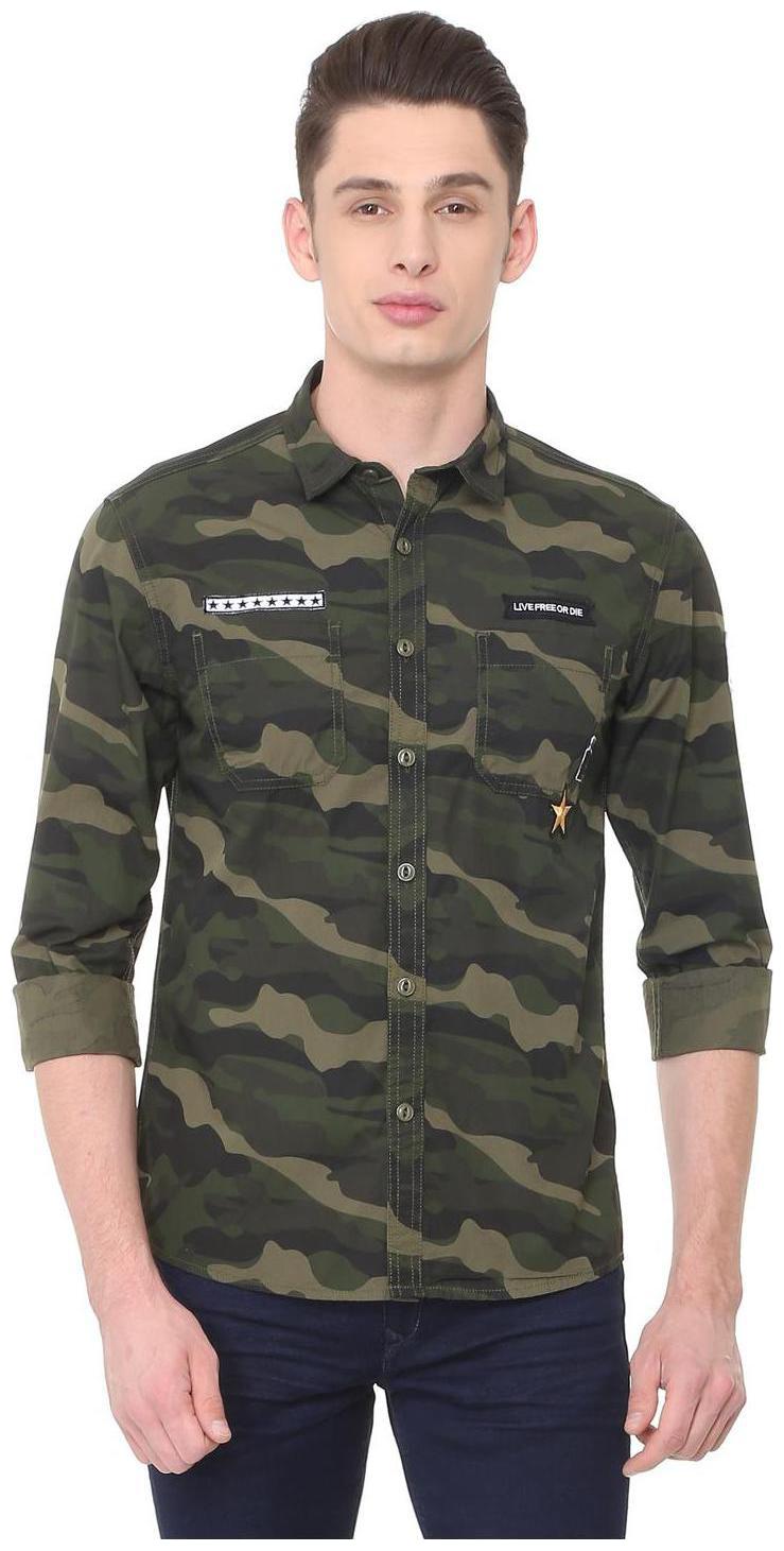 

People Men Green Printed Slim Fit Casual Shirt
