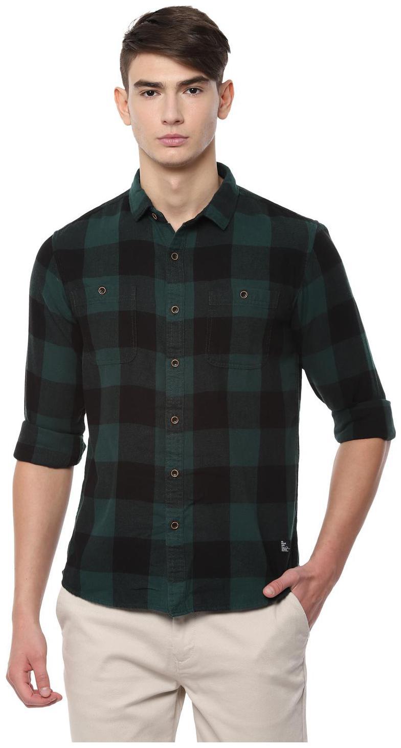 

People Men Green Checked Regular Fit Casual Shirt