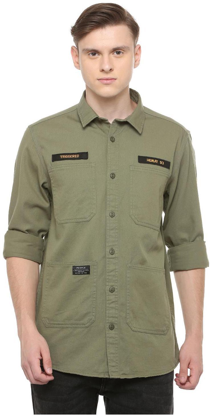 

People Men Green Solid Regular Fit Casual Shirt