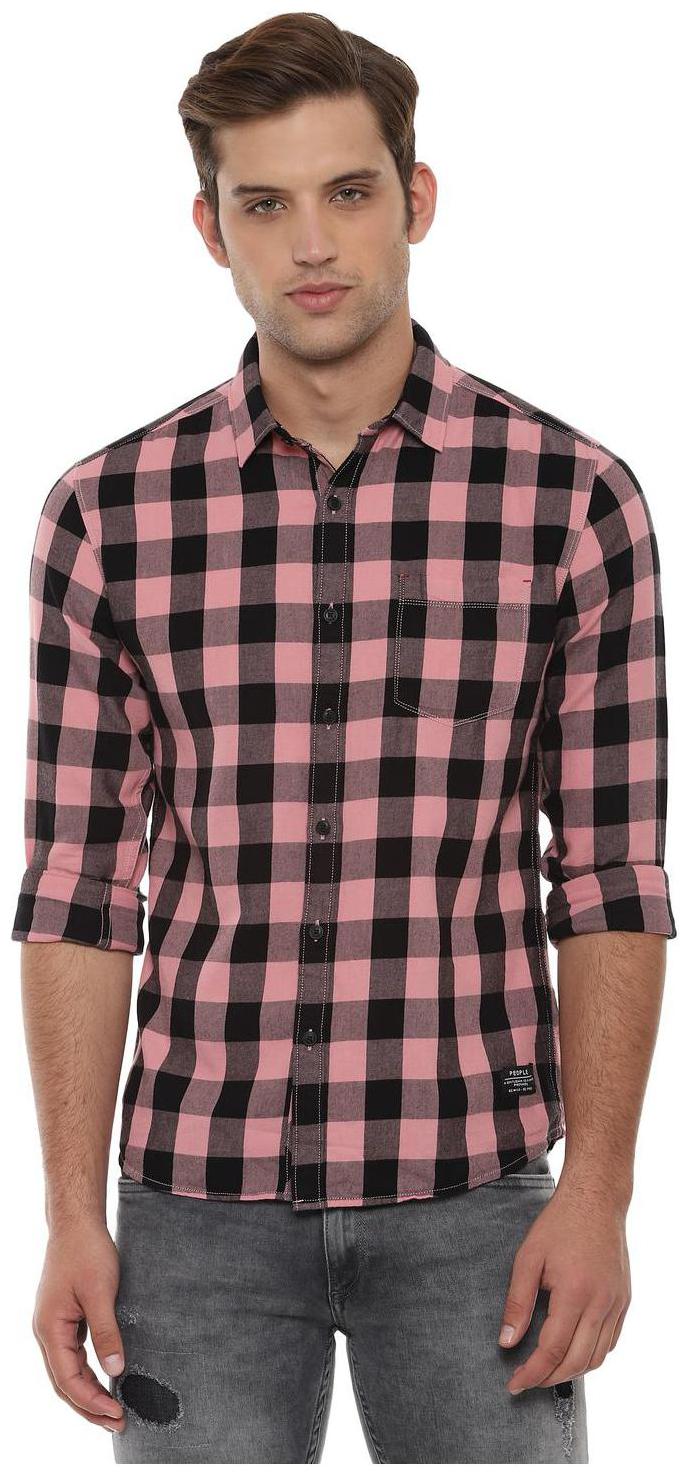 

People Men Pink Checked Regular Fit Casual Shirt