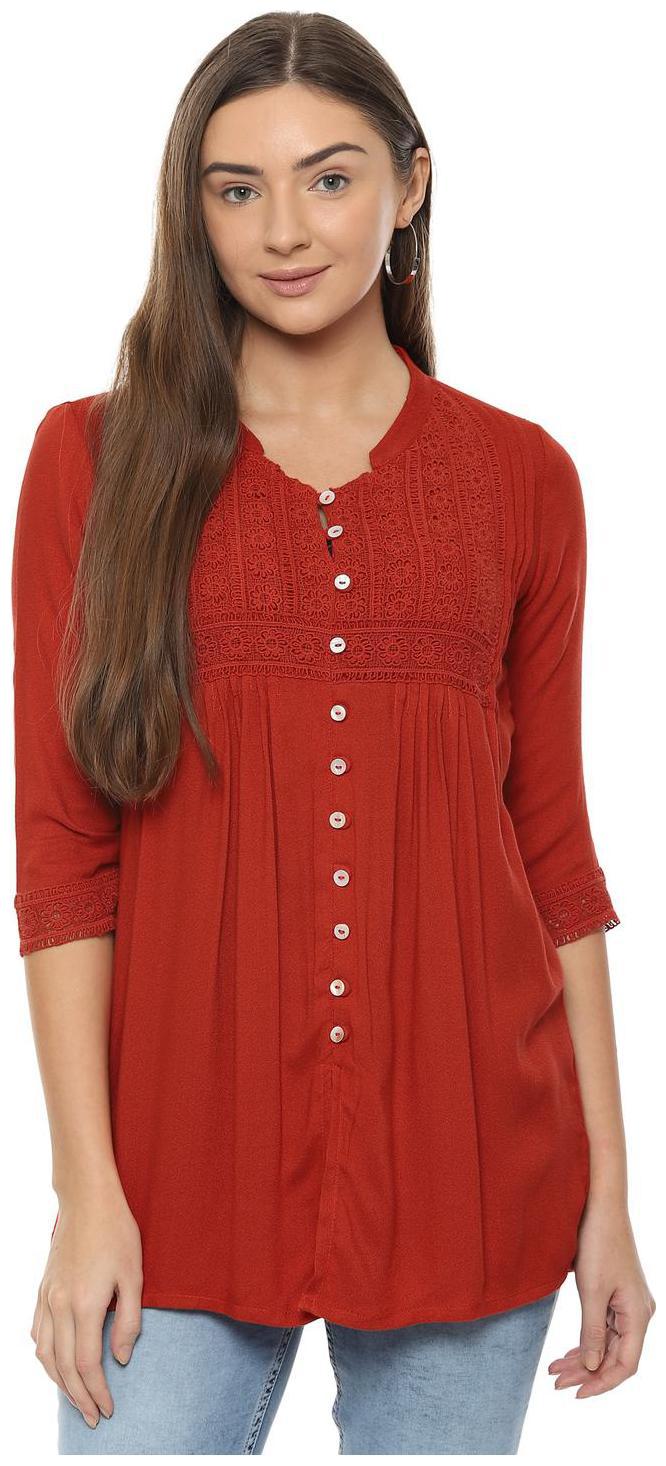 

People Viscose Lace Women Regular Top - Orange