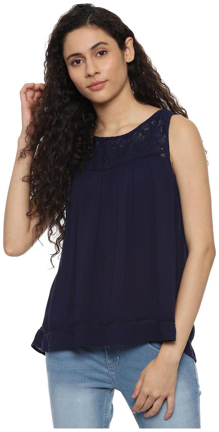 

People Viscose Lace Women Regular Top - Navy