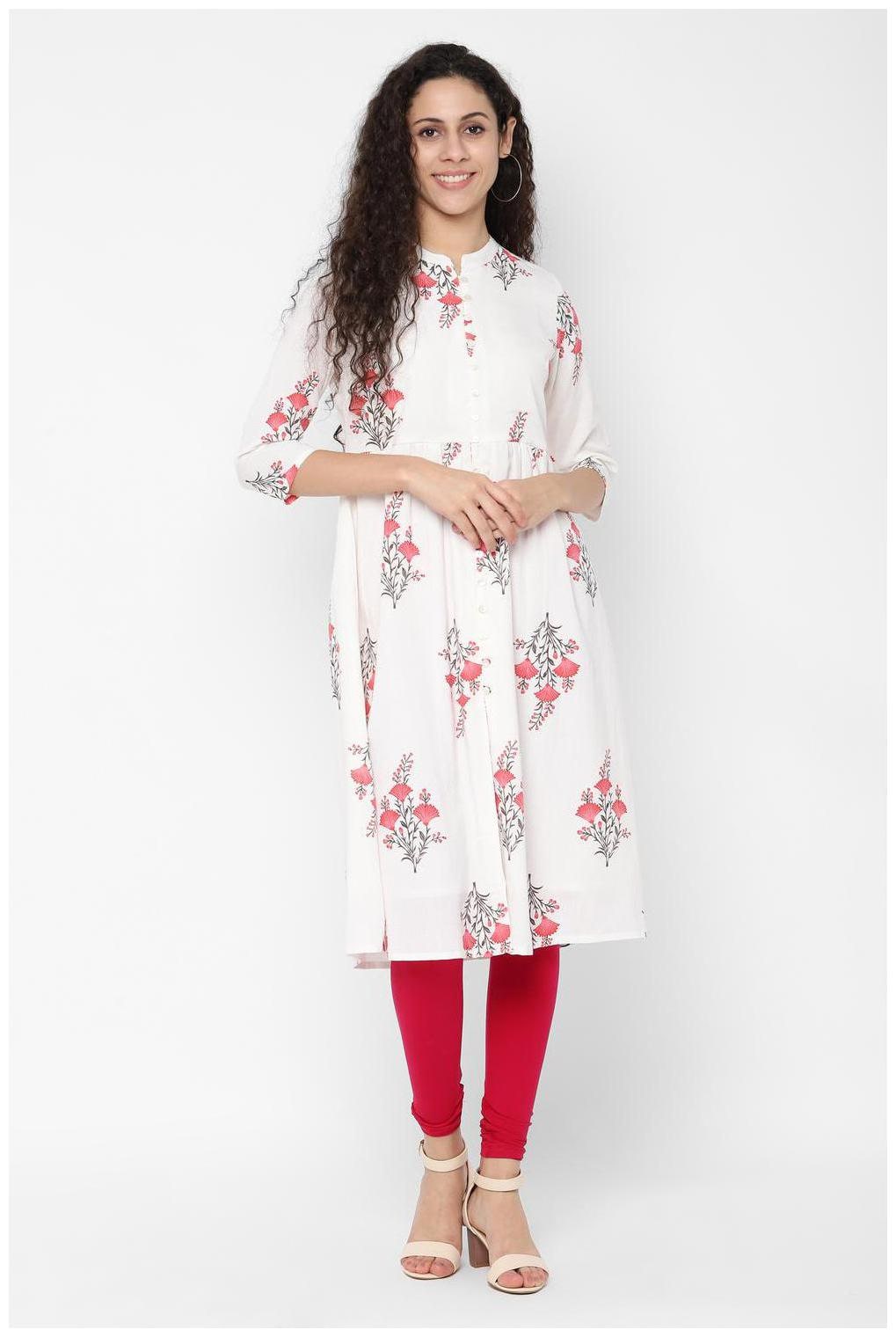 

People Women White Printed Anarkali Kurti