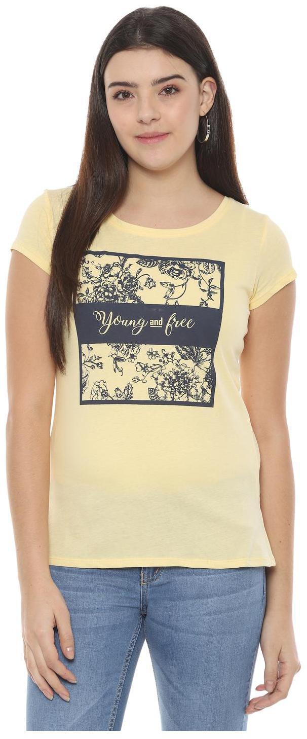 

People Women Yellow Regular fit Round neck Cotton T shirt