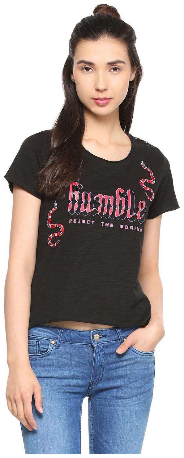 

People Women Black Regular fit Round neck Cotton T shirt