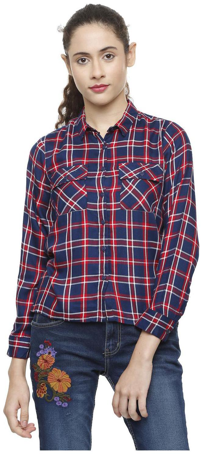 

People Women Blue Checked Regular Fit Shirt