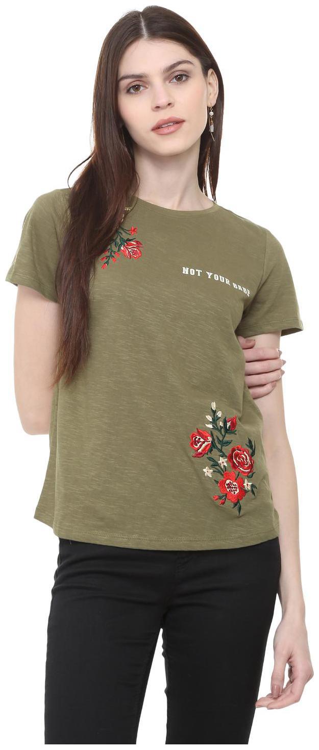 

People Women Green Regular fit Round neck Cotton T shirt
