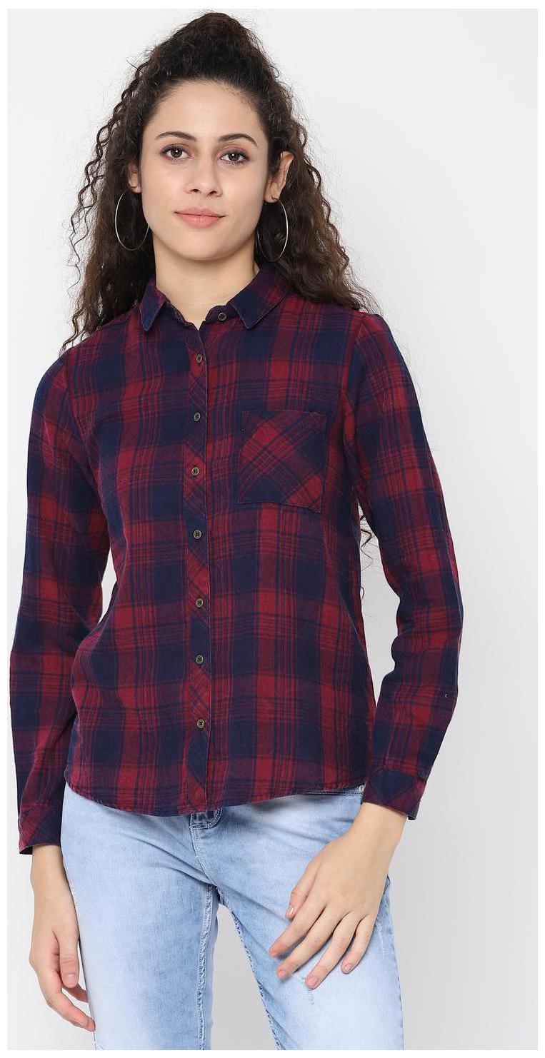 

People Women Blue Checked Regular Fit Shirt