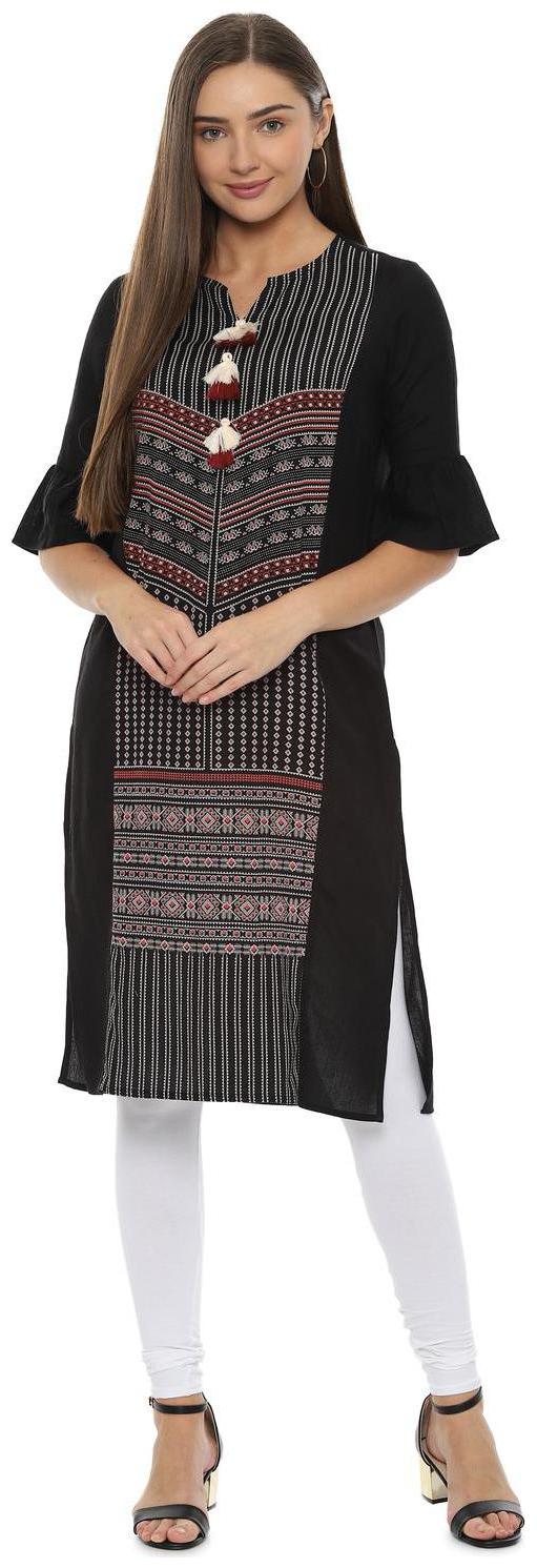 

People Women Black Printed Straight Kurta