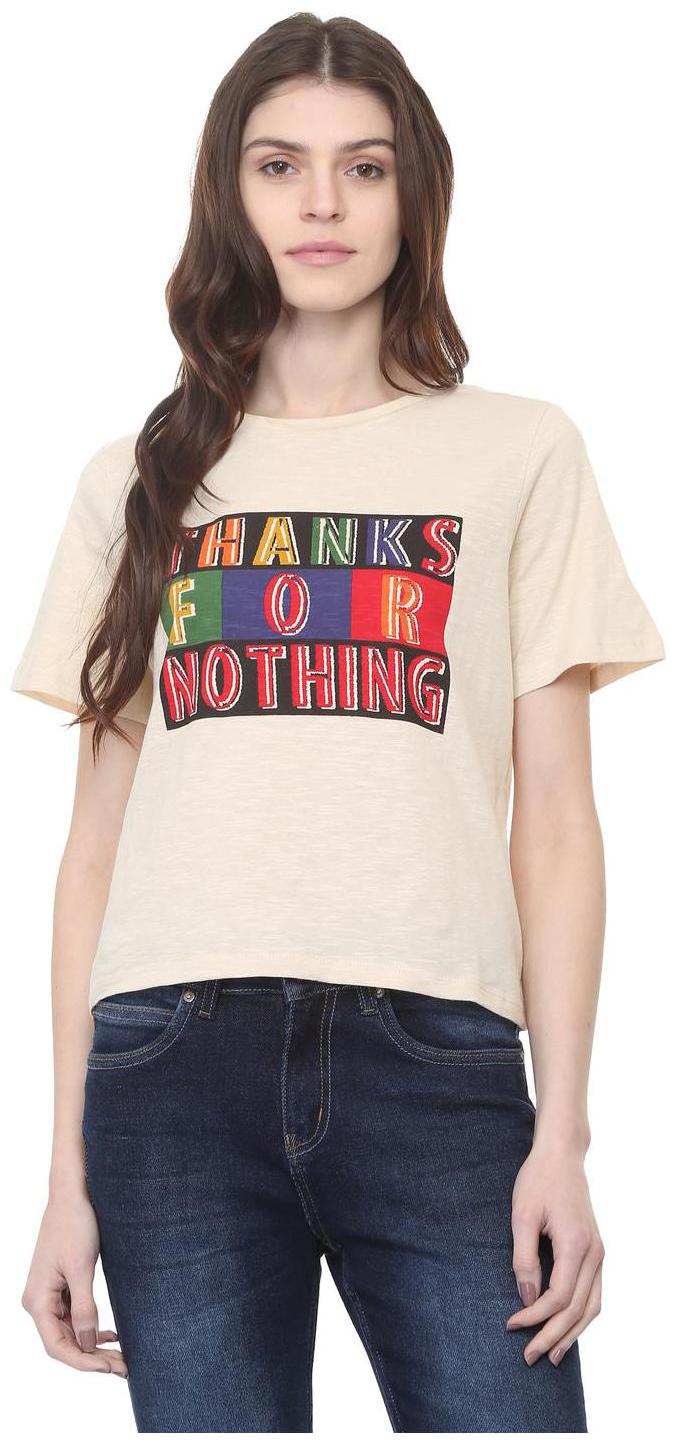 

People Women Beige Regular fit Round neck Cotton T shirt