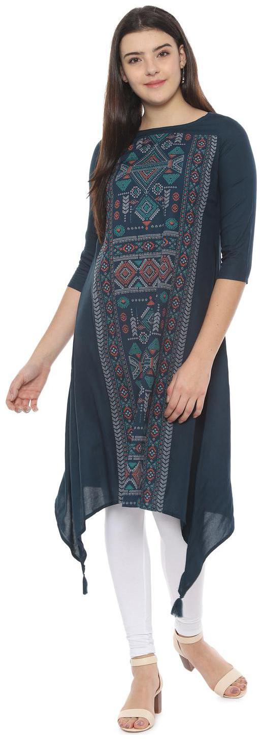 

People Women Blue Printed Straight Kurta