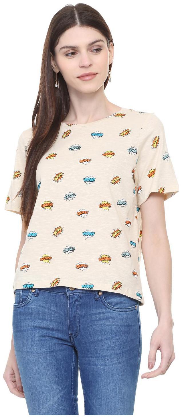 

People Women Beige Regular fit Round neck Cotton T shirt