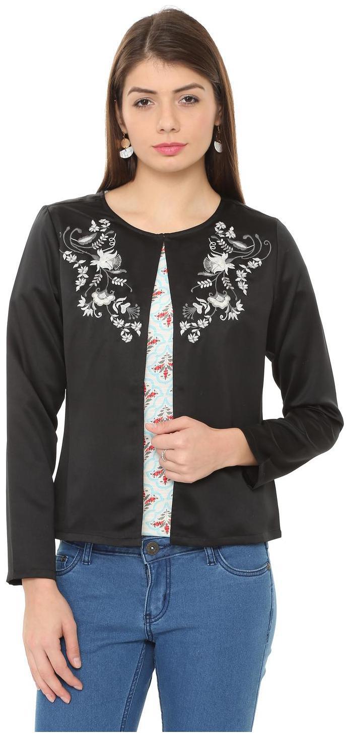 

People Women Embroidered Regular Jacket - Black