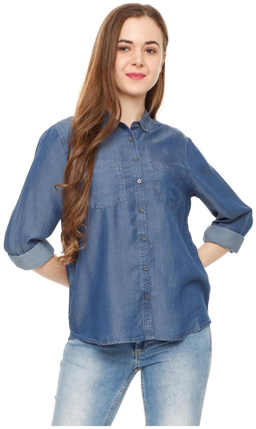 

People Women Blue Solid Regular Fit Shirt