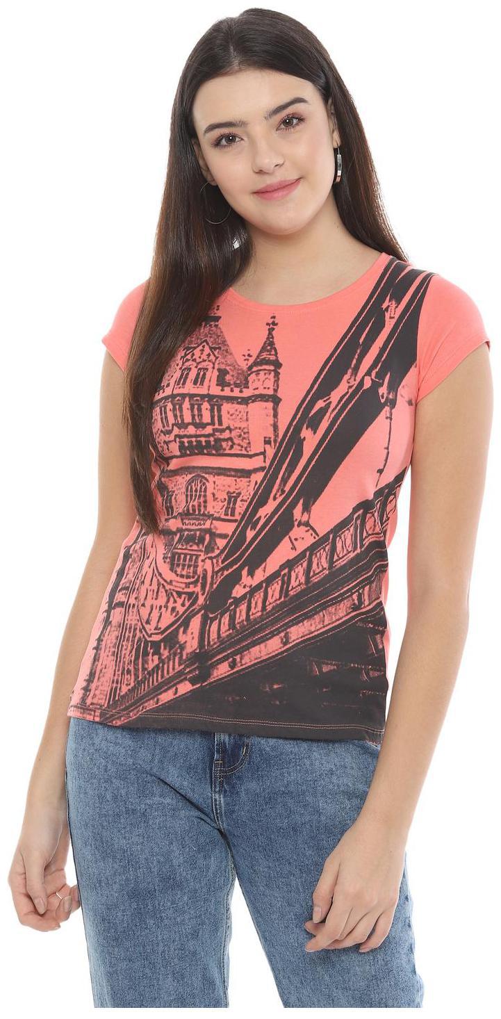

People Women Orange Regular fit Round neck Cotton T shirt