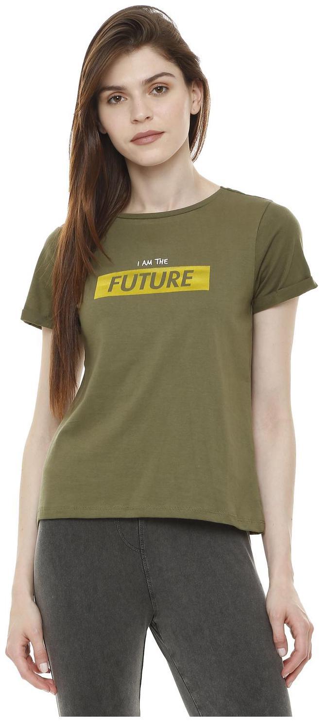 

People Women Green Regular fit Round neck Cotton T shirt