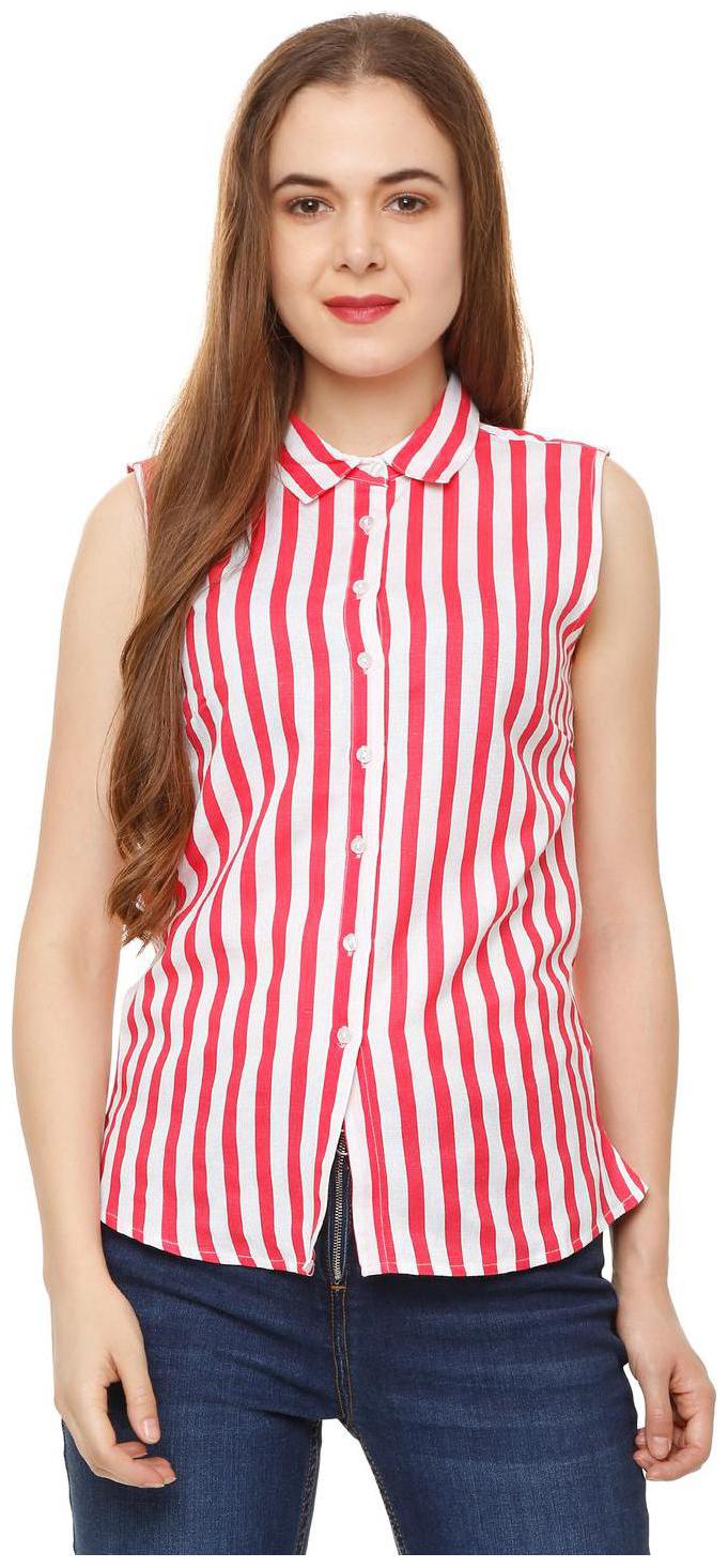 

People Women Red White Striped Regular Fit Shirt
