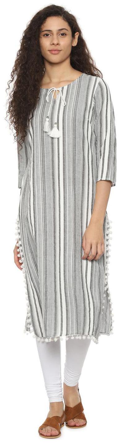 

People Women Grey Striped Straight Kurti