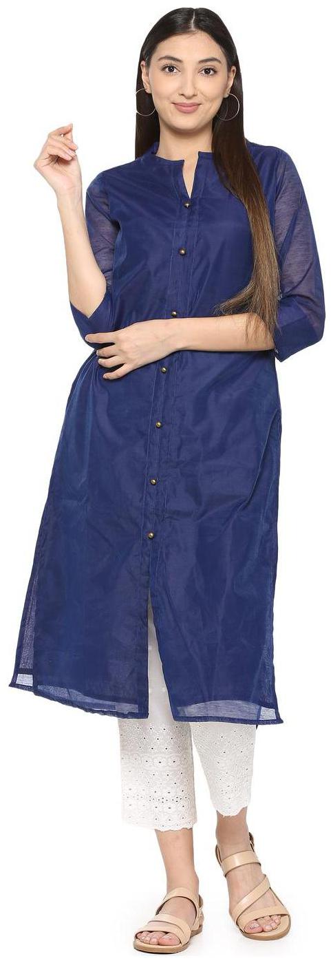 

People Women Blue Solid Straight Kurta