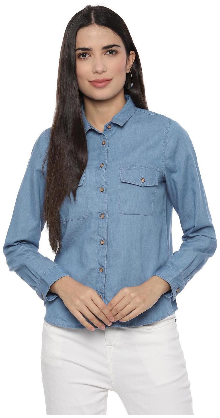 

People Women Blue Solid Regular Fit Shirt