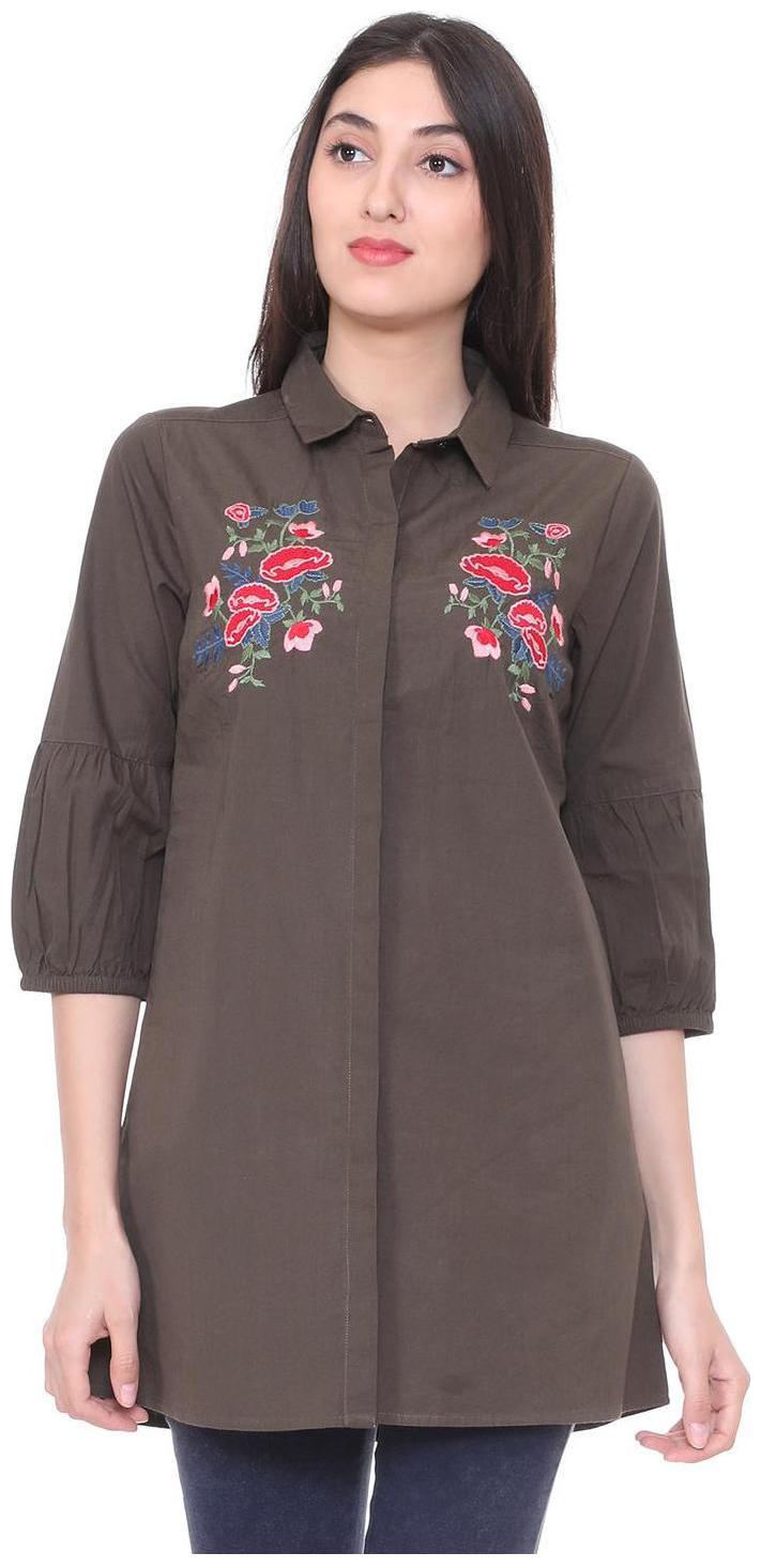 

People Women Grey Embroidered Regular Fit Shirt