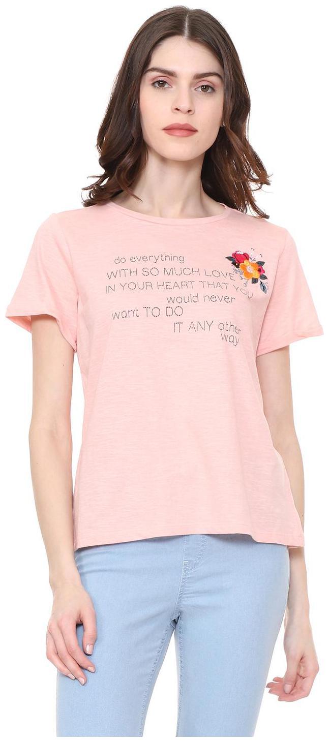 

People Women Pink Regular fit Round neck Cotton T shirt