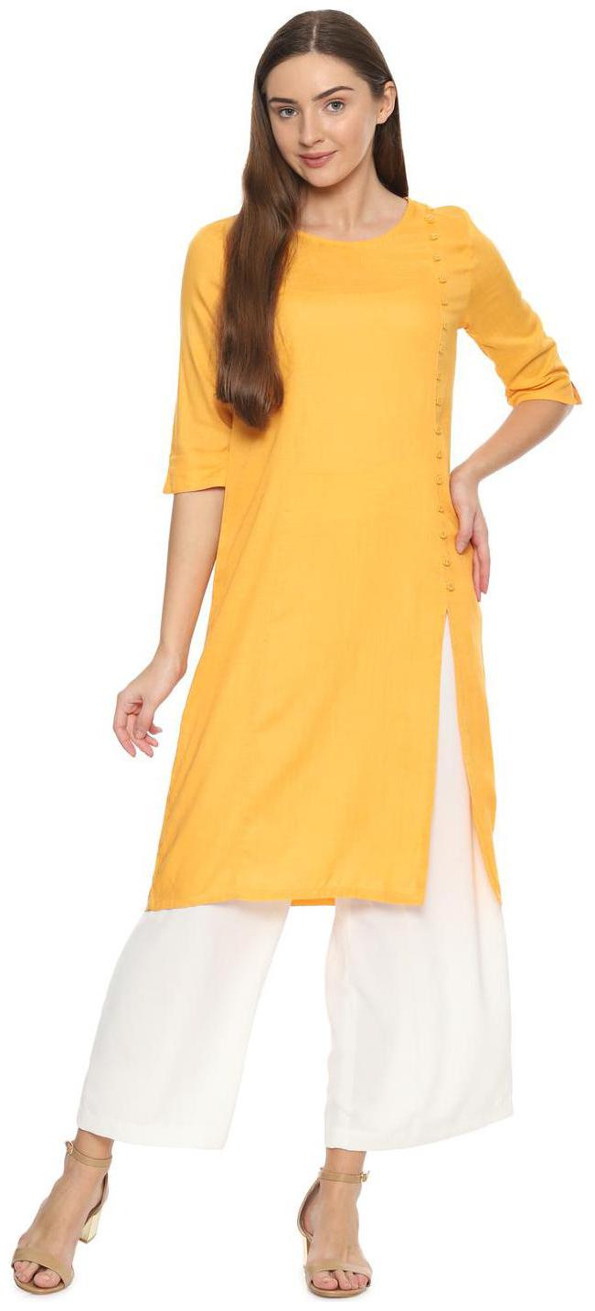 

People Women Yellow Solid Straight Kurta
