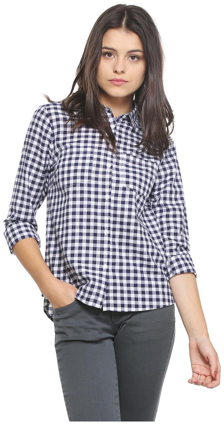 

People Women Blue Checked Regular Fit Shirt