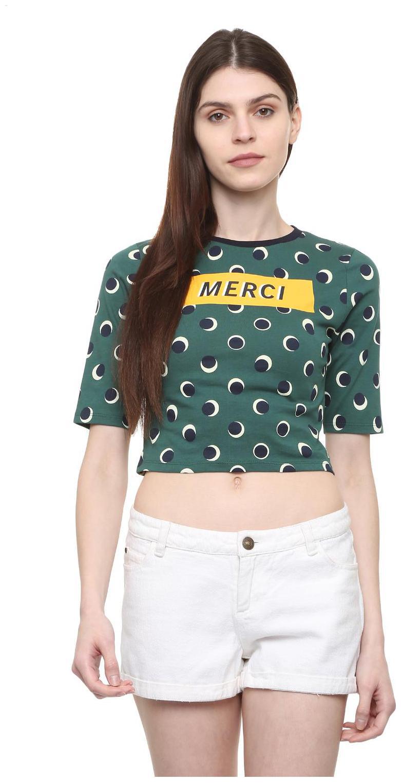 

People Women Green Regular fit Round neck Cotton T shirt