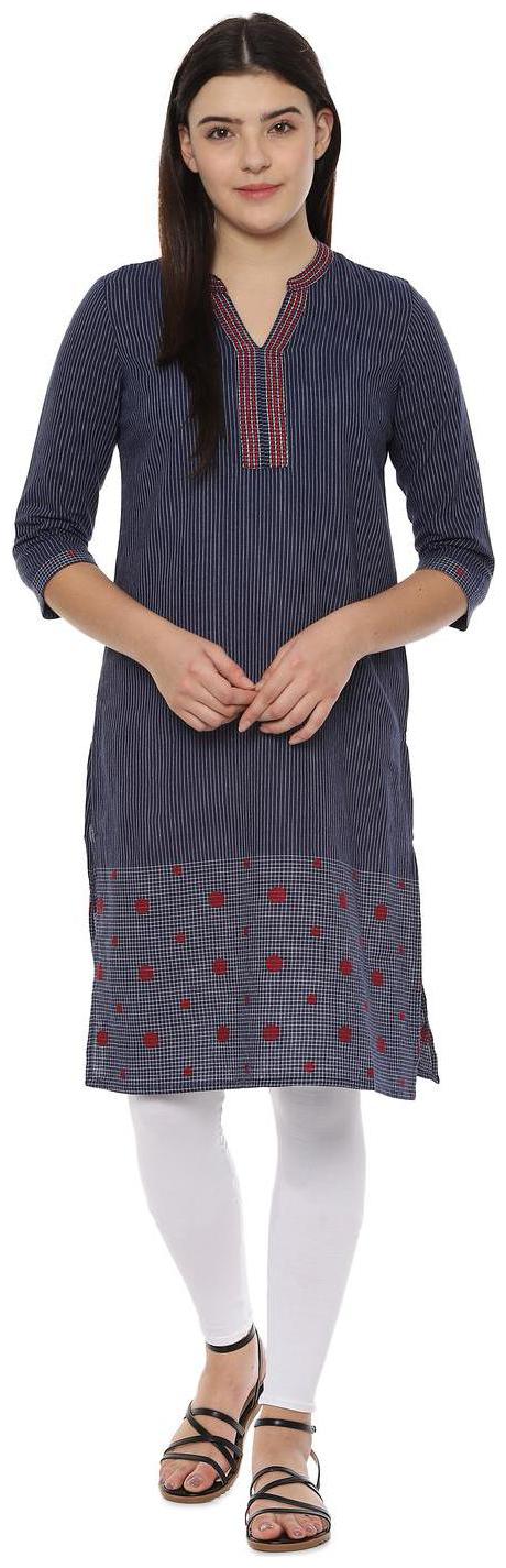 

People Women Navy Blue Striped Straight Kurta