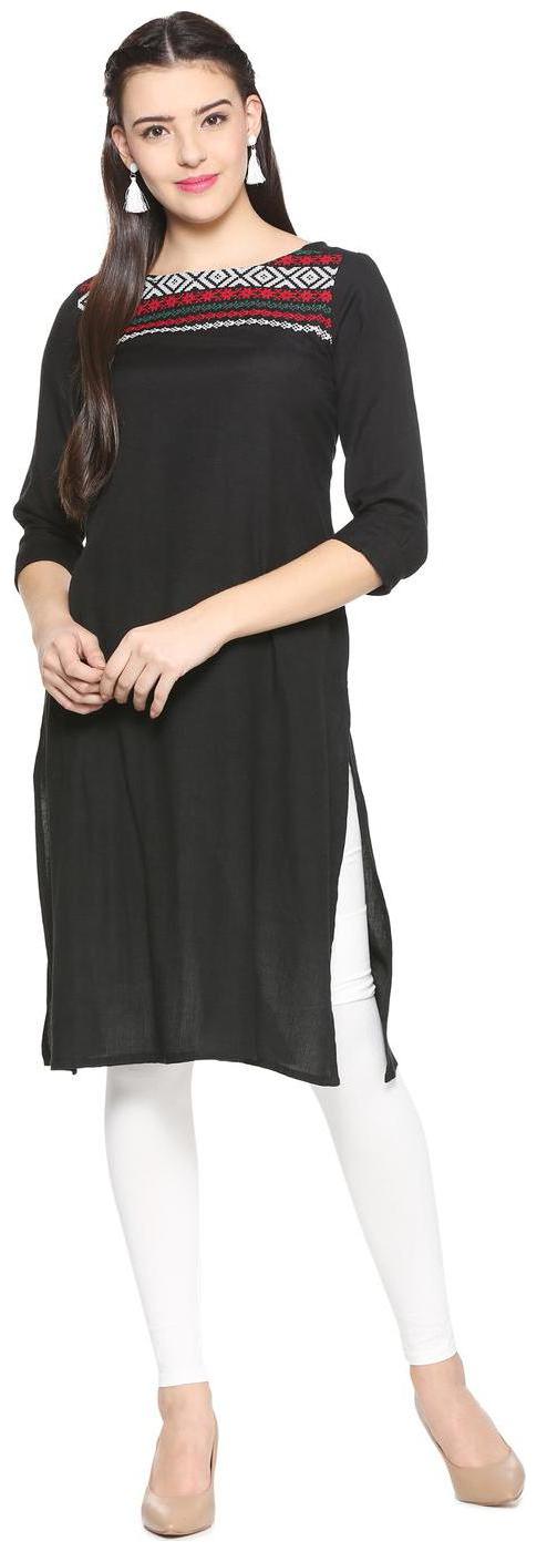 

People Women Black Solid Straight Kurta