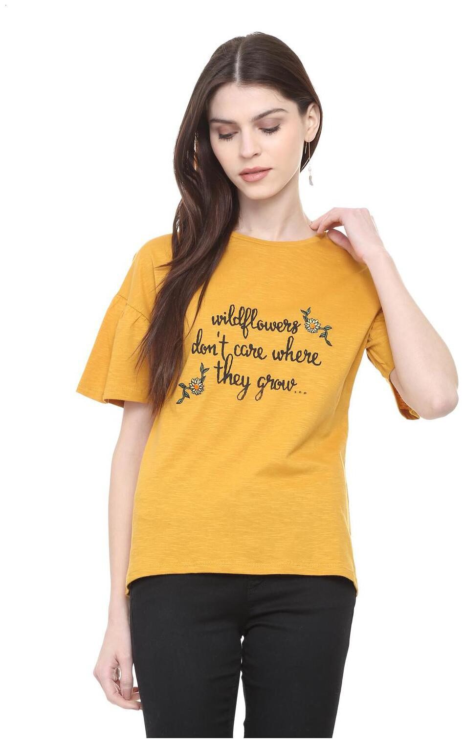 

People Women Yellow Regular fit Round neck Cotton T shirt