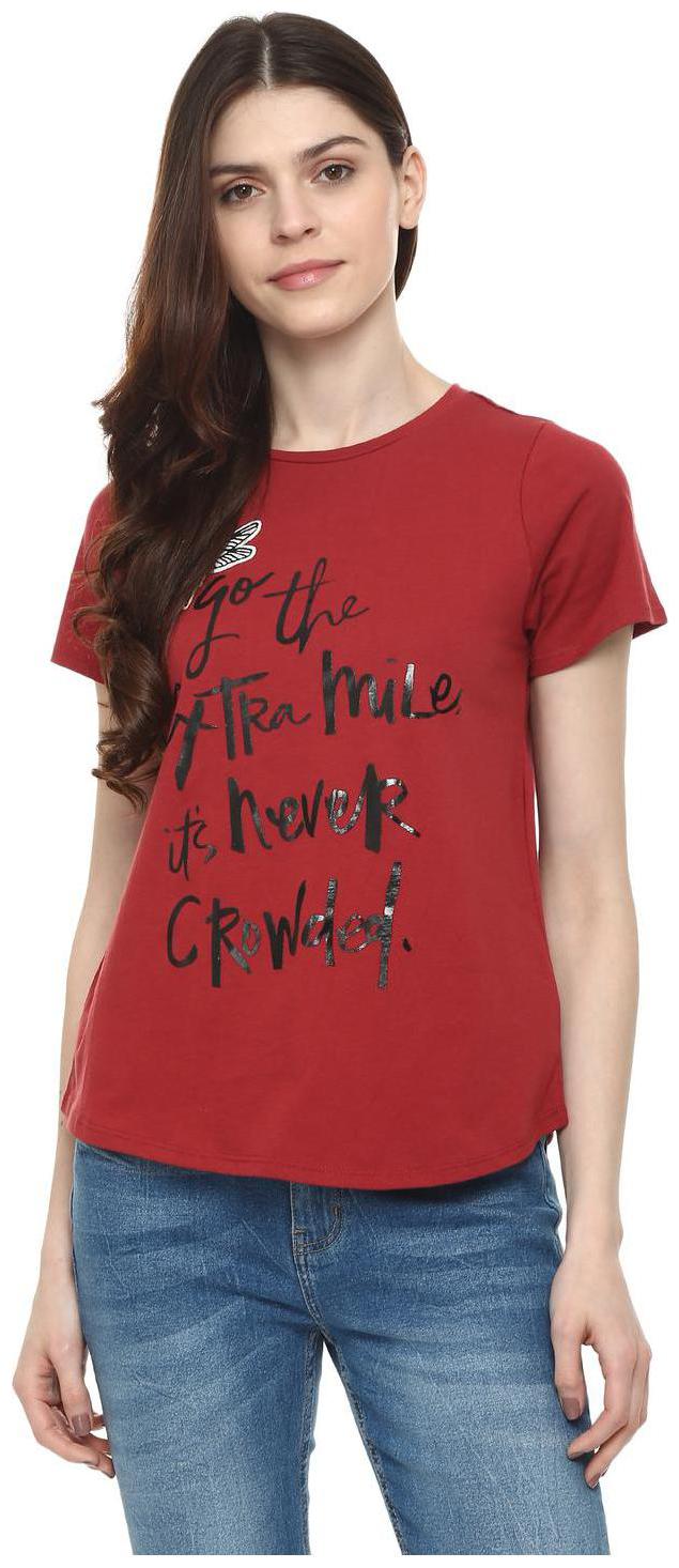 

People Women Maroon Regular fit Round neck Cotton T shirt