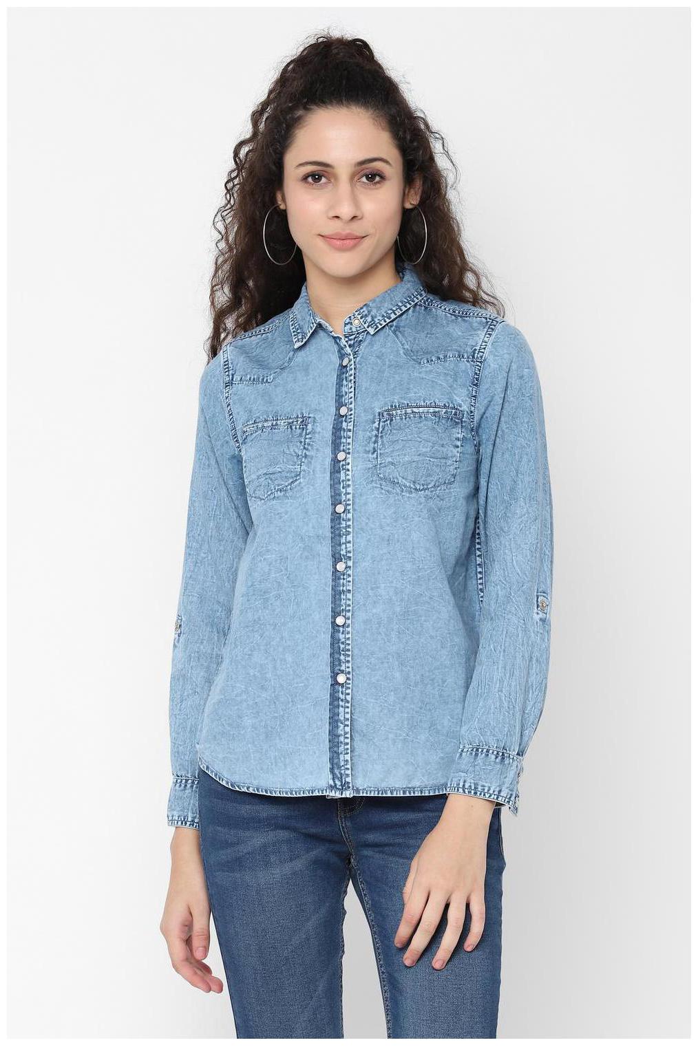

People Women Blue Self Design Regular Fit Shirt