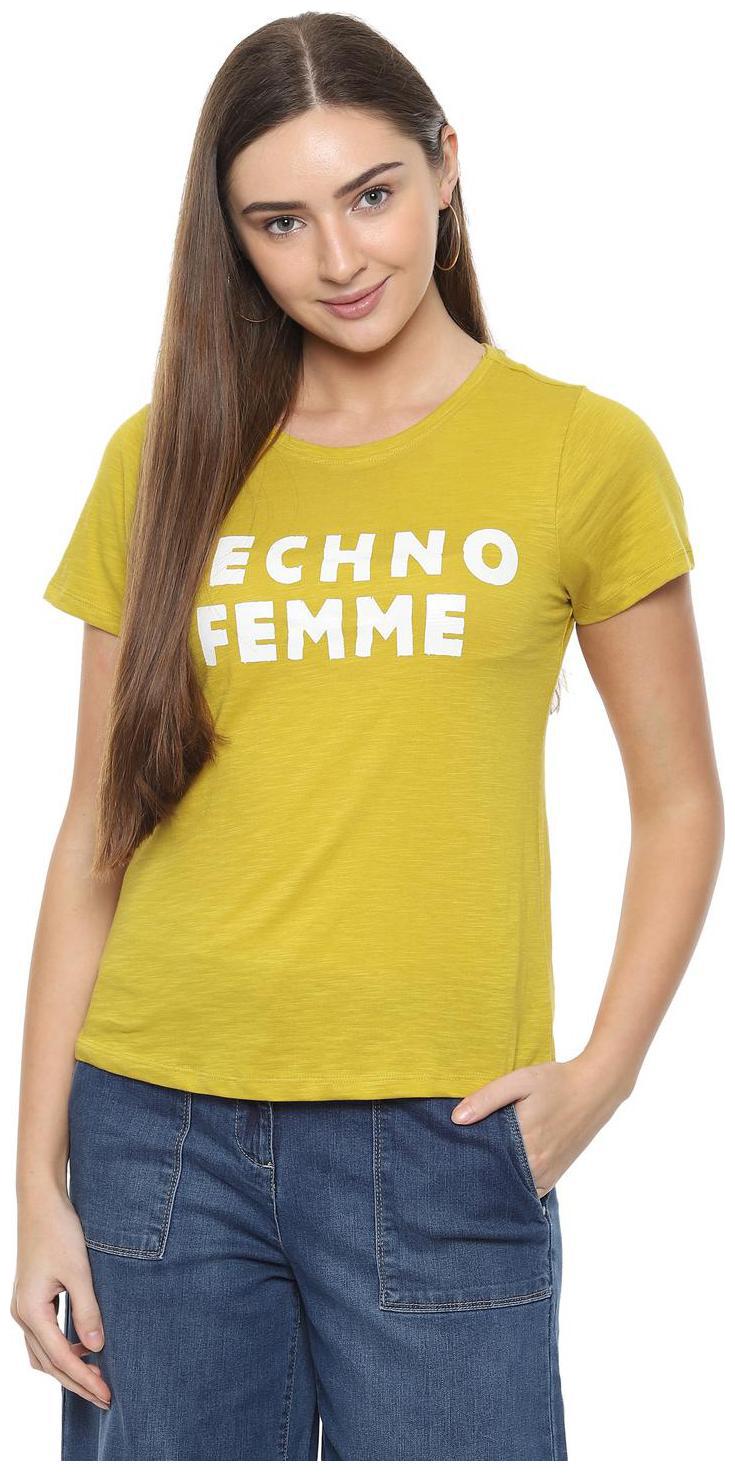

People Women Yellow Regular fit Round neck Cotton T shirt