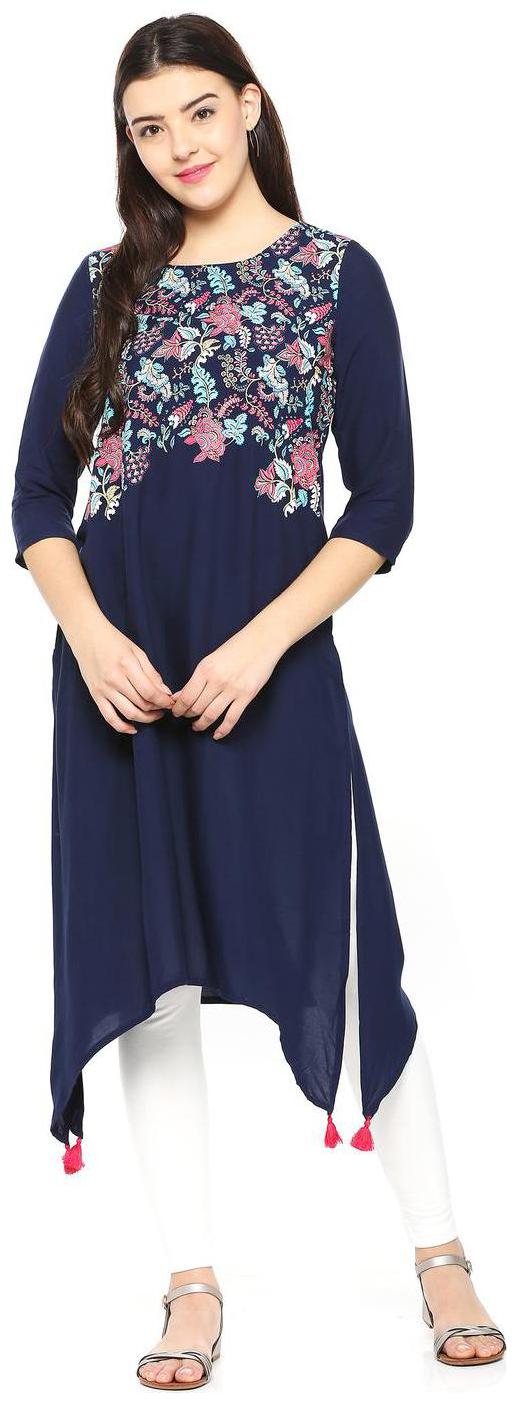 

People Women Blue Printed Straight Kurta