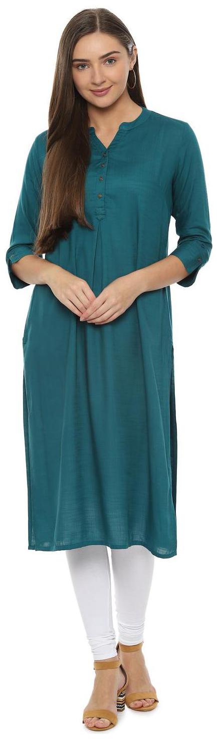 

People Women Blue Solid Straight Kurta