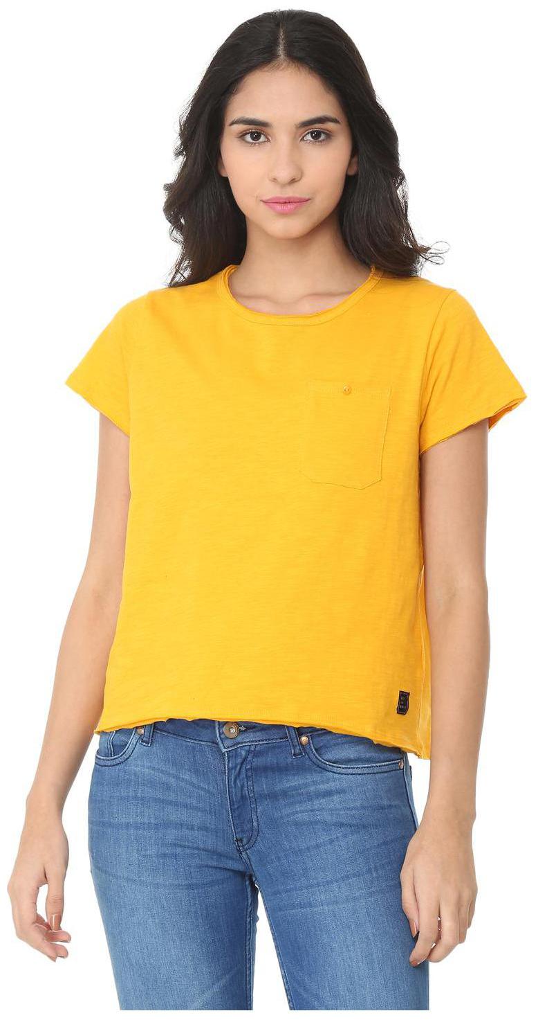 

People Women Yellow Regular fit Round neck Cotton T shirt