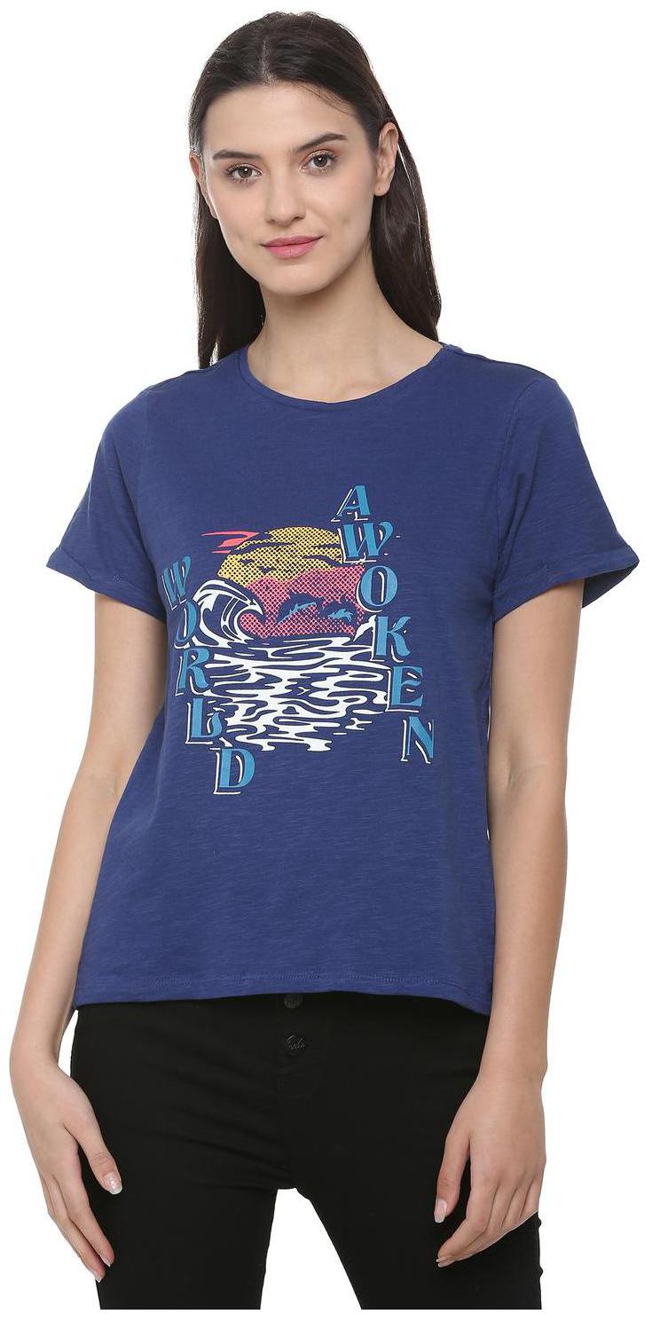 

People Women Blue Regular fit Round neck Cotton T shirt
